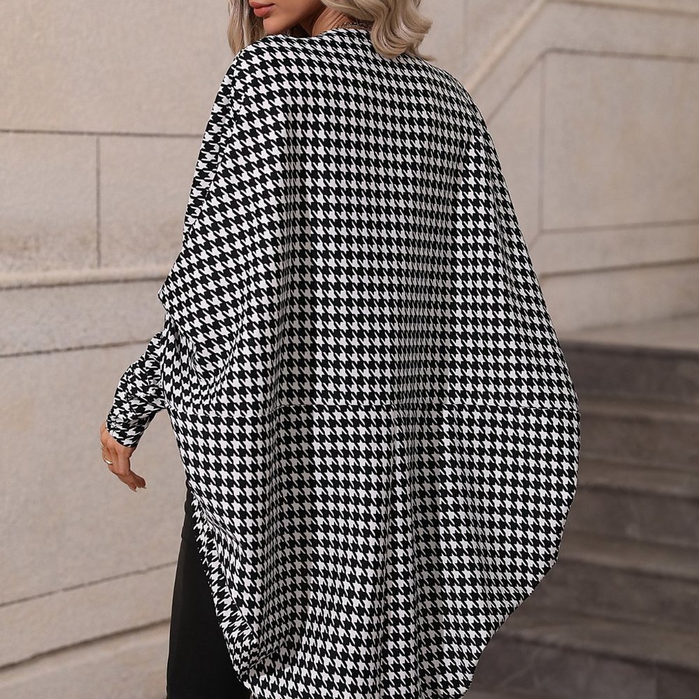 Multicolor Preppy Womens Houndstooth Batwing Sleeve Open Front Coat - Picture 2 of 5